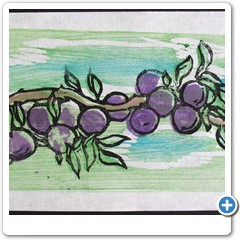 Name: Louise Cass
Email: lcass@primus.ca
Location: Toronto, Canada

Print Title: A BRANCH OF DAMSON PLUMS
Paper Dimension: 14.5 CM X 33 CM
Image Dimension: 12 CM X 30 CM
Block: Shina Ply (2 blocks)
Pigment or Ink: Sennelier Inks with Rice Paste
Paper: Mura Udabam, Kizuki Kozo &nYaki Gampi (Japanese Paper Place Warehouse names)
Edition: Open edition
Comments: This image is from a sketch I did last year in the UK of a freshly picked branch of Damsons from a friend\'s tree. 
It\'s a rather hybrid kind of technique as it is \'moku hanga\'as designated -using 2 blocks and baren printed but combined with reduction print- black line was final layer some of which had to be rolled rather than brushed on.
